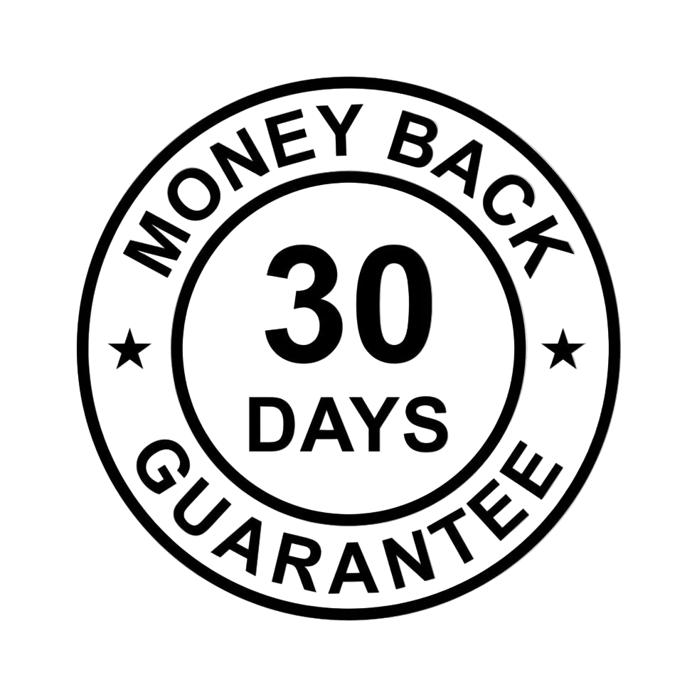 Money back guarantee logo with '30 days' text on a white background