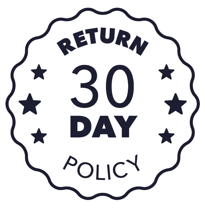 A circular scalloped badge graphic with the text 'RETURN 30 DAY POLICY' and small stars around the text, shown on a white background. A black VectorStock banner appears along the bottom edge.